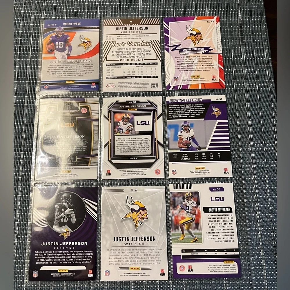 🏈 Justin Jefferson, Lot of 9 NFL Football Trading Cards, Minnesota Vikings